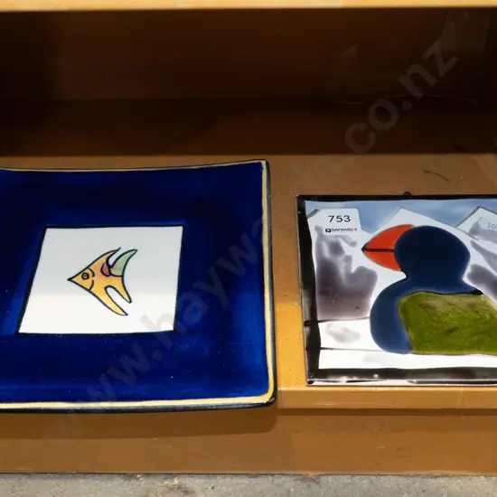 Temuka tropical fish dish, studio pottery hand glazed tile