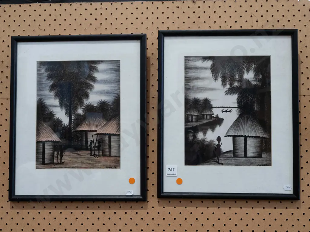 2x framed watercolours - village life - orange dots Image 1++
