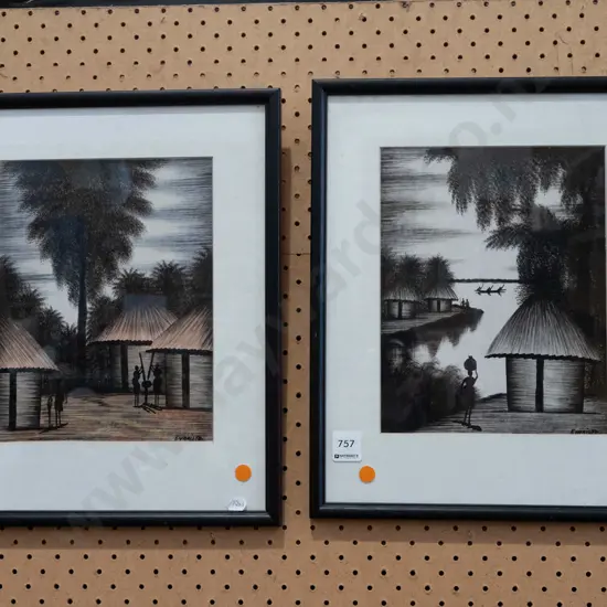 2x framed watercolours - village life - orange dots