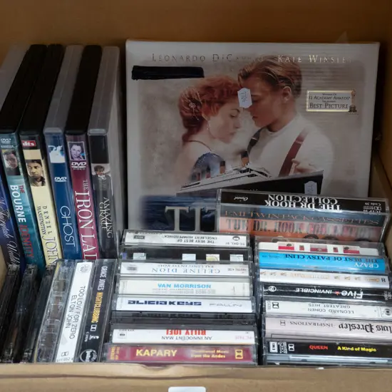 box; DVDs, tape cassettes