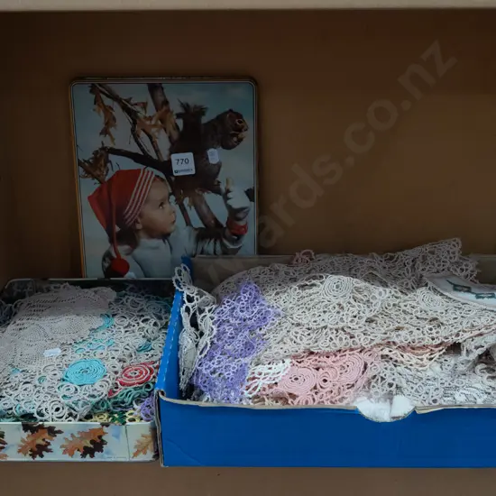 2x boxes of doilies, needlework etc