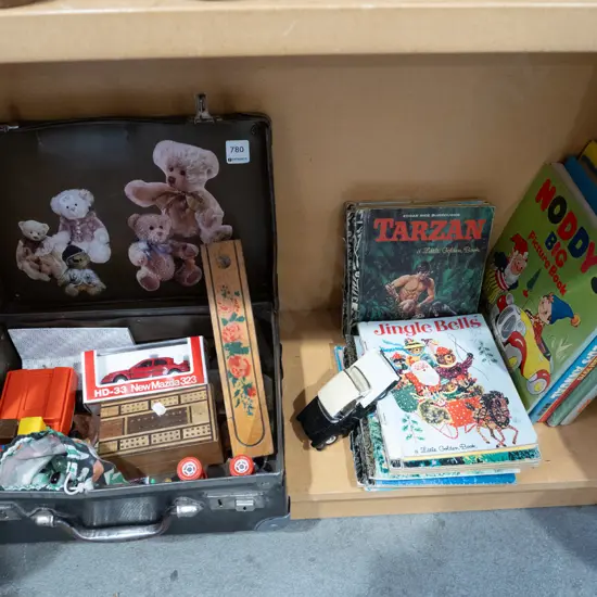 shelf; toys, books