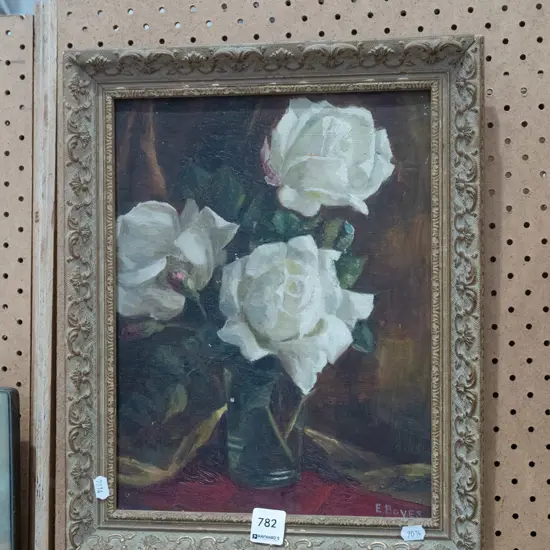 framed oil - white roses