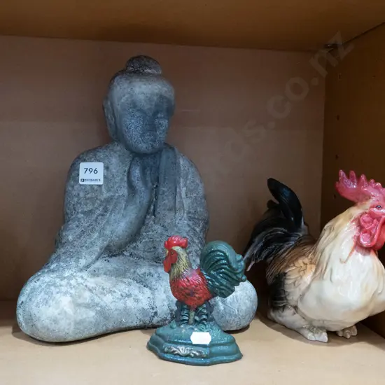 buddha figurine, ceramic chicken cast metal door stop