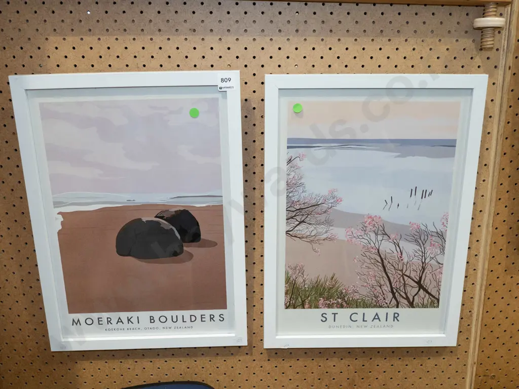 2x framed prints - St Clair, Moeraki Boulders - green dots Image 1++