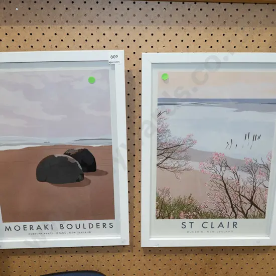 2x framed prints - St Clair, Moeraki Boulders - green dots