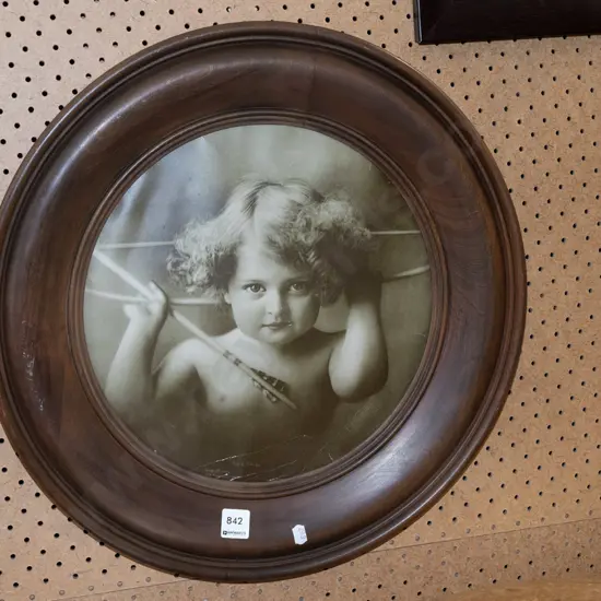 circular wood framed cupid print Diam480