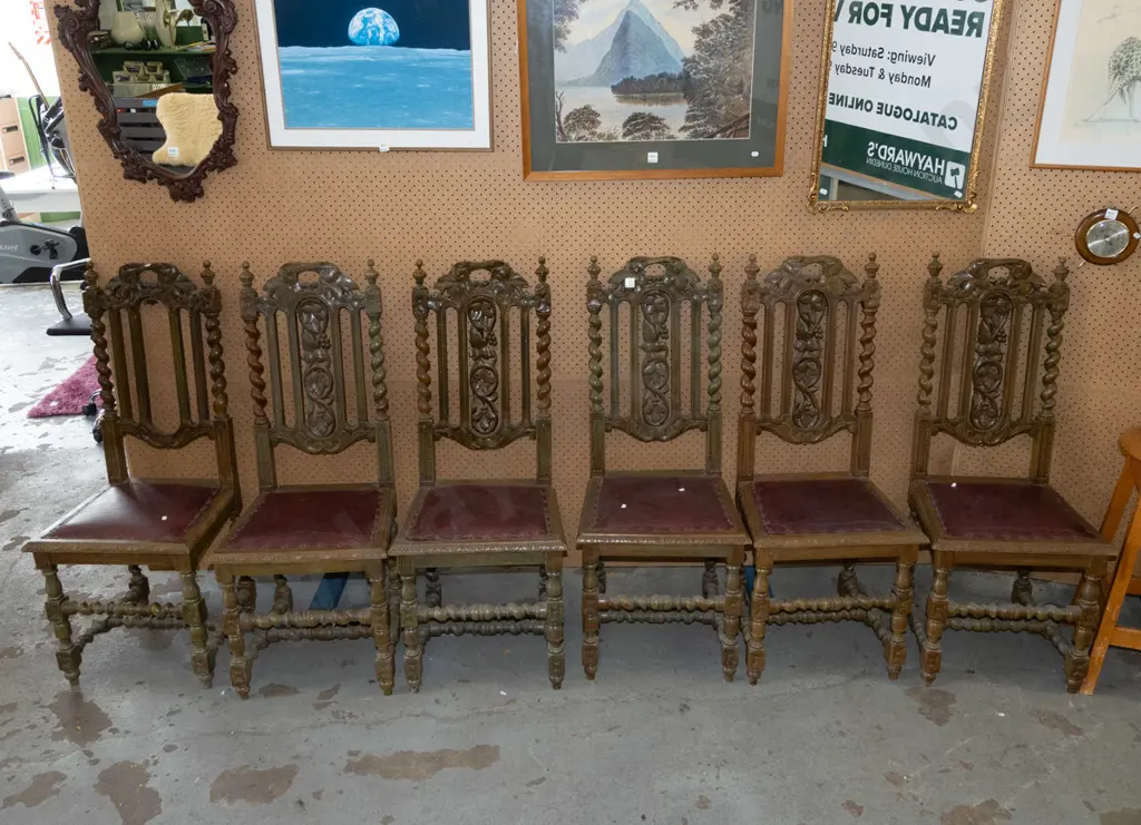 6x oak ornate heavily carved vinyl upholstered dining chairs - purportedly ex Lanarch Castle Image 1++