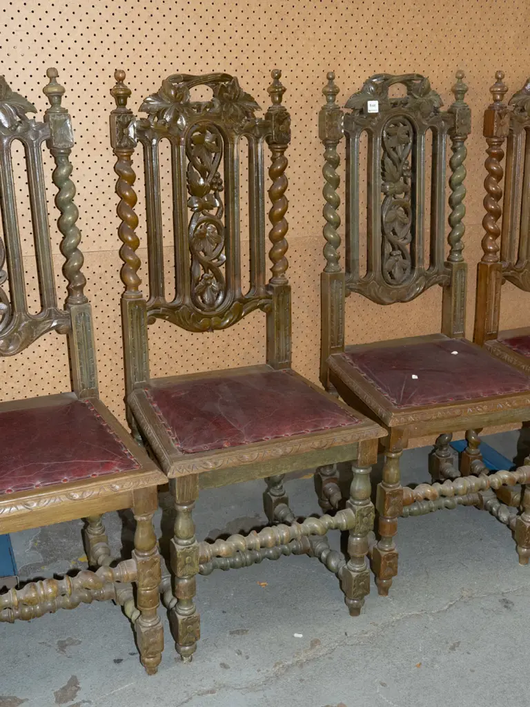 6x oak ornate heavily carved vinyl upholstered dining chairs - purportedly ex Lanarch Castle Image 1++