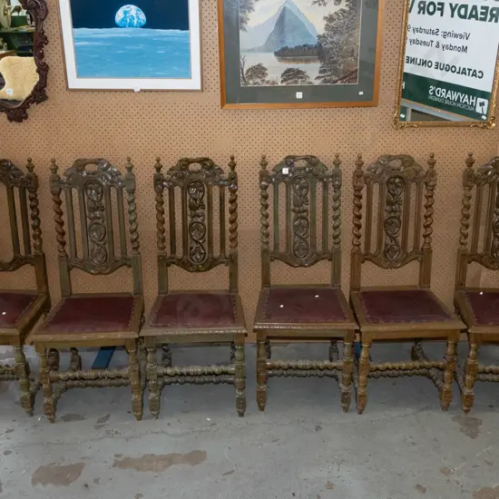 6x oak ornate heavily carved vinyl upholstered dining chairs - purportedly ex Lanarch Castle