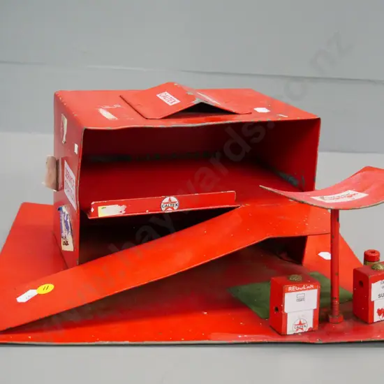 home-made painted metal toy service station with stickers and painted decoration - paint chips & wear H-170 W-330 D-280