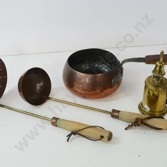 copper & brass handled pot, ladle and strainer, and a small brass Pigeon lamp, no chimney. Pot W350