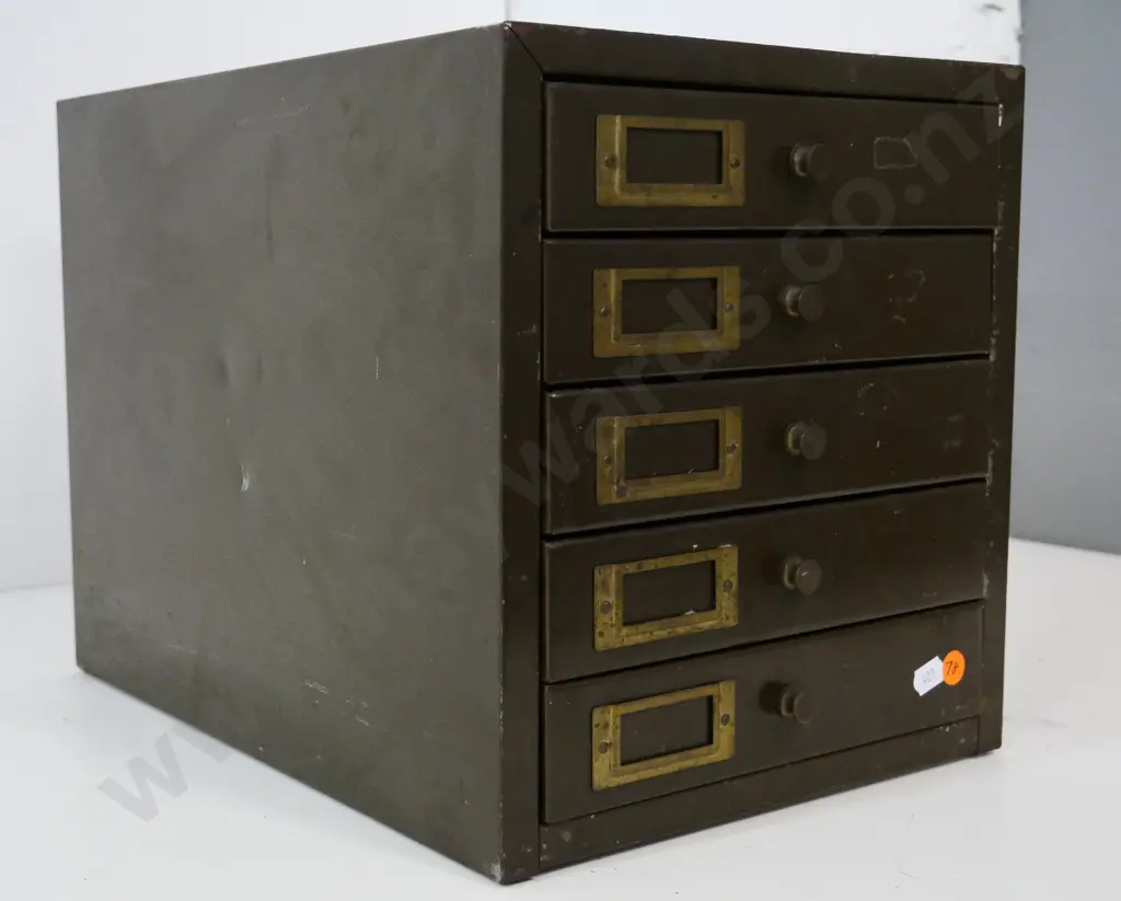 vintage metal filing cabinet with 5 foolscap size drawers, brass handles and label frames. Dings and wear H290 W260 D380 Image 1++