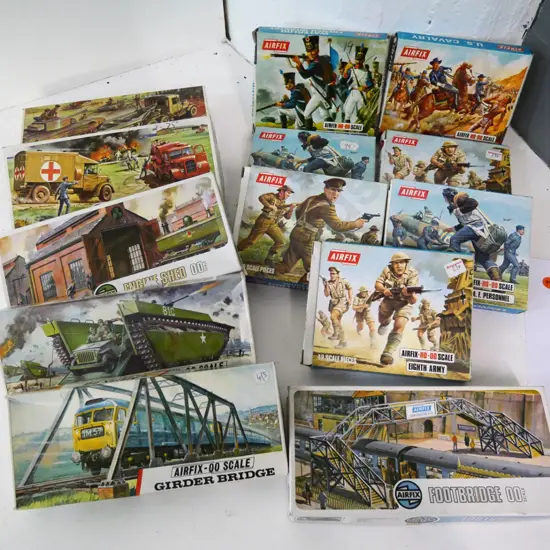 13 boxed Airfix plastic 00-scale military model / diorama accessory kits - different eras