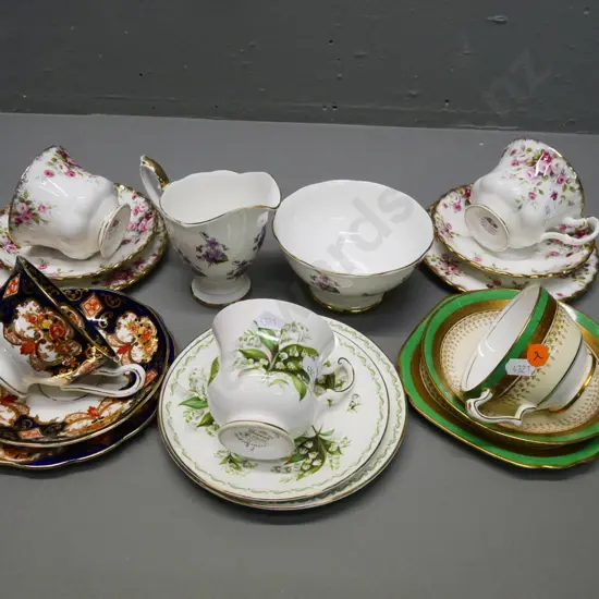 5 trios - 3 Royal Albert, Crown Staffordshire, Queens - and a Royal Standard cream & sugar
