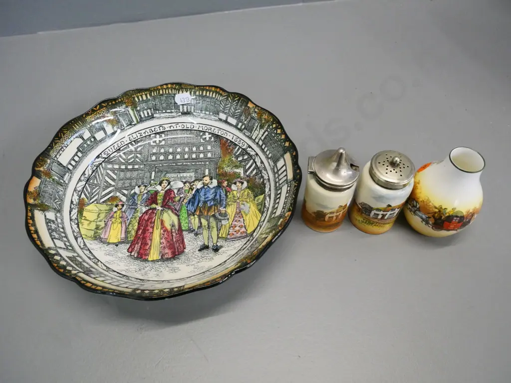 Royal Doulton items - Elizabeth at Old Moreton fruit bowl D-240, 2 English Cottage condiment, small Hunting Scene vase Image 1++