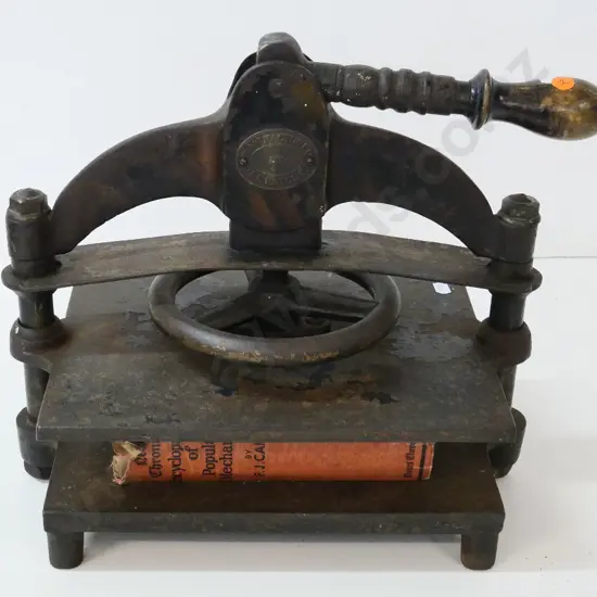 vintage small book press with wood-handled lever, Manufactured by J & E Ratcliff H-330 W-330 D-220