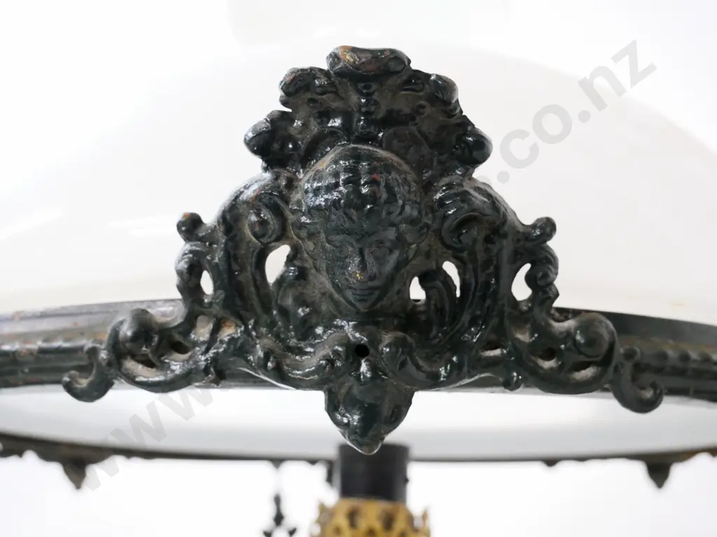 restorer's vintage cast iron kerosene ceiling lamp with brass lamp insert, converted to electric, needs work H480 D500 Image 1++