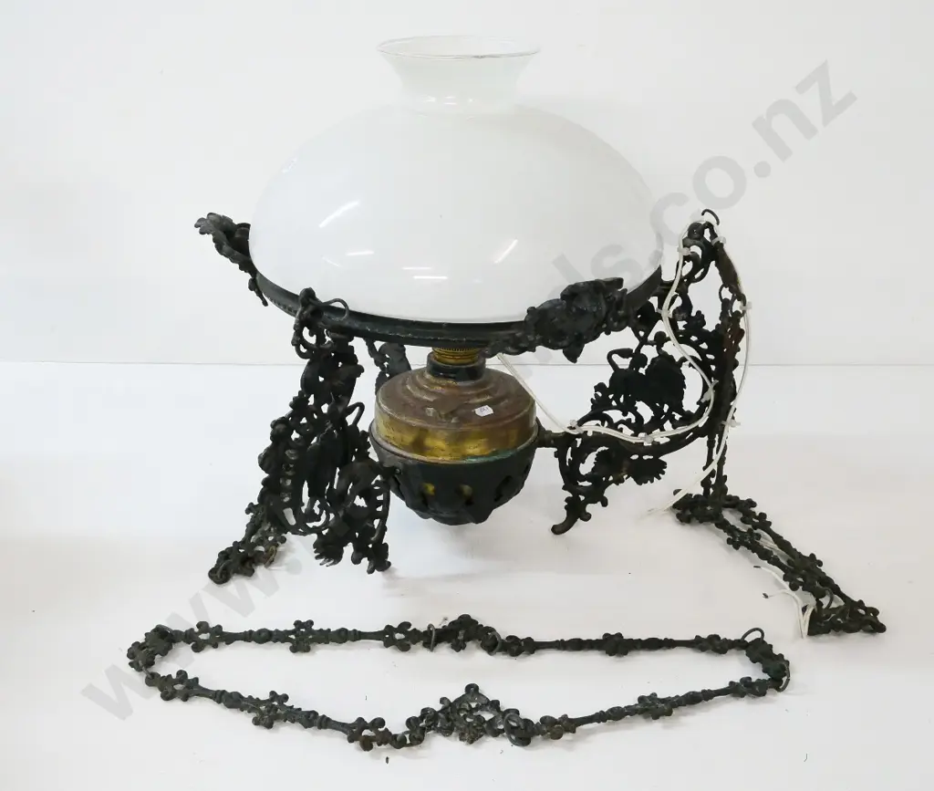 restorer's vintage cast iron kerosene ceiling lamp with brass lamp insert, converted to electric, needs work H480 D500 Image 1++