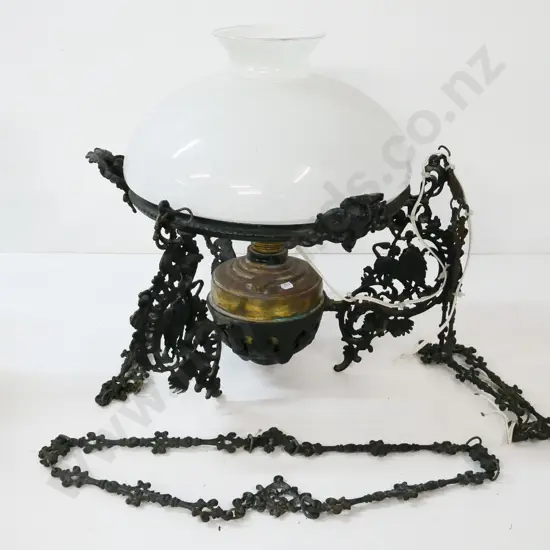 restorer's vintage cast iron kerosene ceiling lamp with brass lamp insert, converted to electric, needs work H480 D500