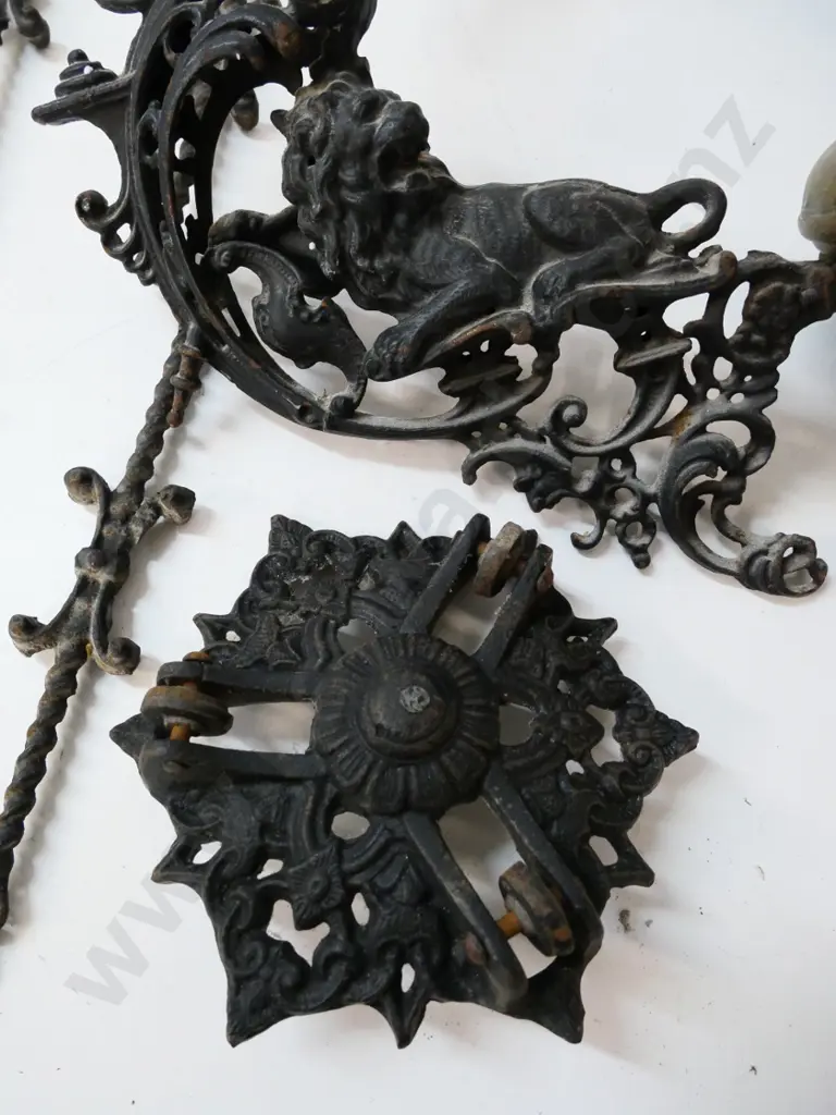 restorer's vintage cast iron kerosene ceiling lamp with brass lamp insert, converted to electric, needs work H560 D500 Image 1++