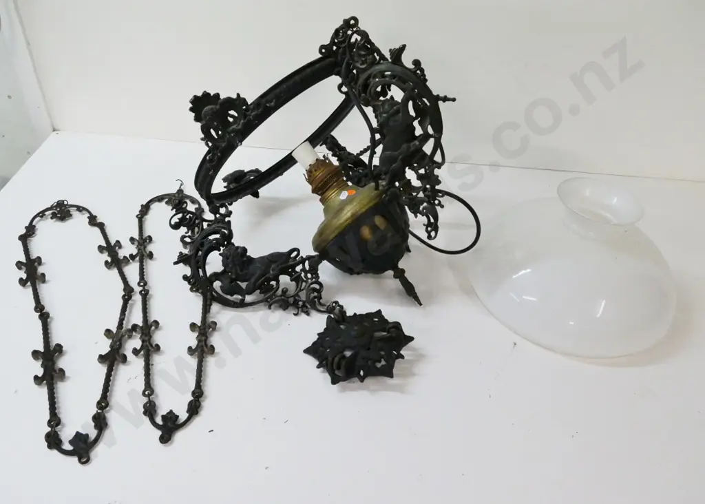 restorer's vintage cast iron kerosene ceiling lamp with brass lamp insert, converted to electric, needs work H560 D500 Image 1++