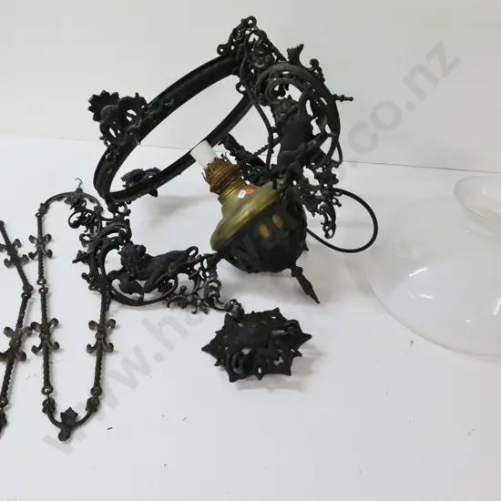 restorer's vintage cast iron kerosene ceiling lamp with brass lamp insert, converted to electric, needs work H560 D500