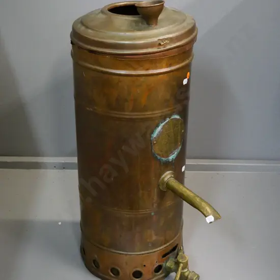 large Mercer Safety Geyser copper and brass thermette-style boiler with spigot tap H-650 Diameter 270