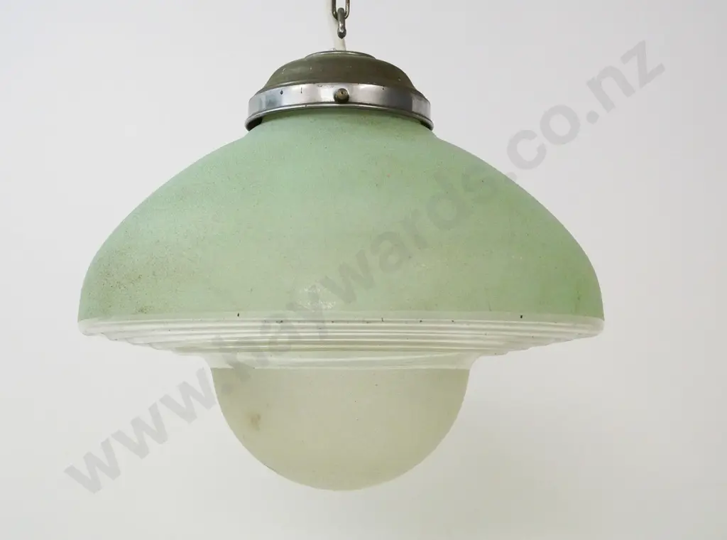 deco ceiling light fitting with chrome journal and textured green & clear glass shade H-280 Diameter 280 Image 1++