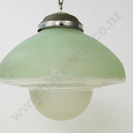 deco ceiling light fitting with chrome journal and textured green & clear glass shade H-280 Diameter 280