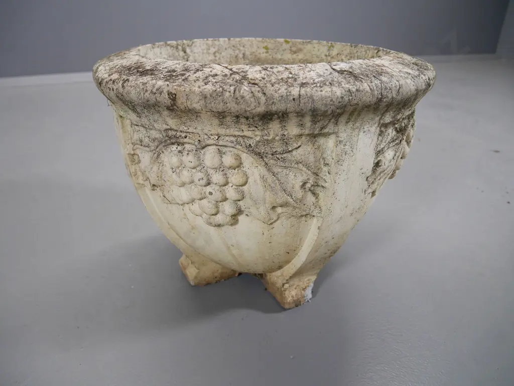 cast concrete white painted grape pattern garden urn - chip to one foot H-320 Diameter 400 Image 1++