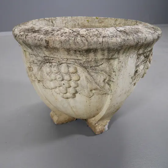 cast concrete white painted grape pattern garden urn - chip to one foot H-320 Diameter 400
