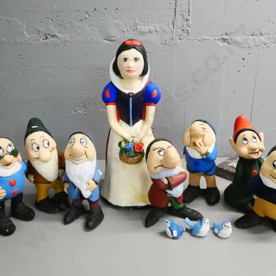 large painted concrete Snow White H-550 with 7 dwarves & 3 bluebirds (some chips) w/VHS tape & photos