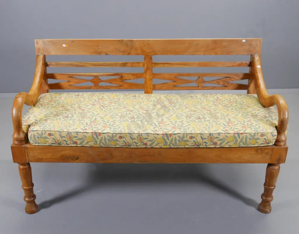 vintage solid teak bench seat with upholstered squab covered in William Morris fabric H-810 W-1360 D-600 Image 1++