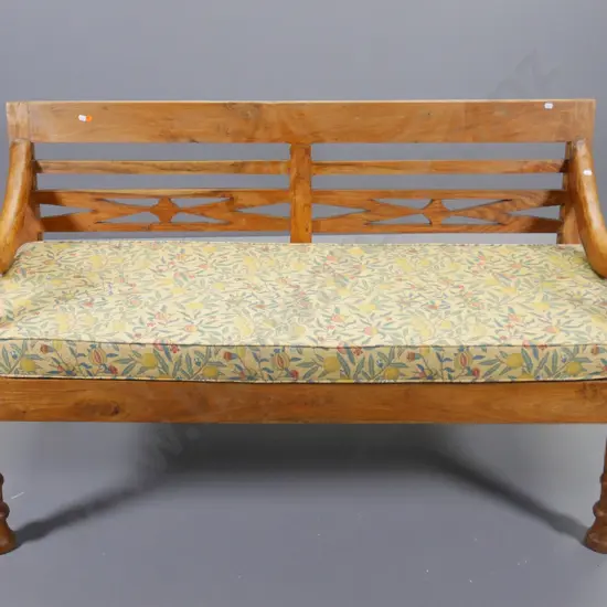 vintage solid teak bench seat with upholstered squab covered in William Morris fabric H-810 W-1360 D-600