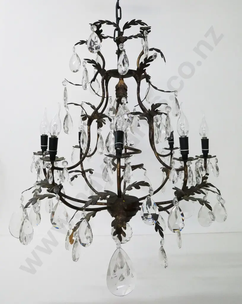 large 8-light aged copper finish metal chandelier, some glass lustres need attaching, one lamp damaged  H800 D600 Image 1++