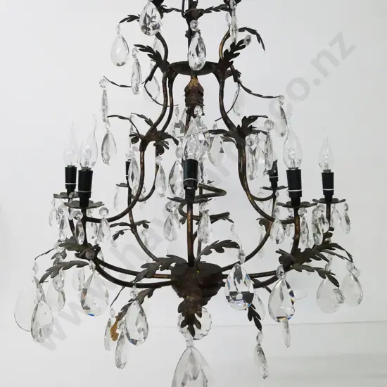 large 8-light aged copper finish metal chandelier, some glass lustres need attaching, one lamp damaged  H800 D600