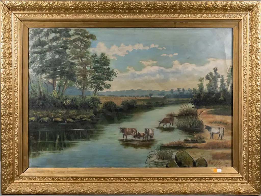 gilt framed oil on canvas - cattle in stream (age damage) H-540 W-800 Image 1++