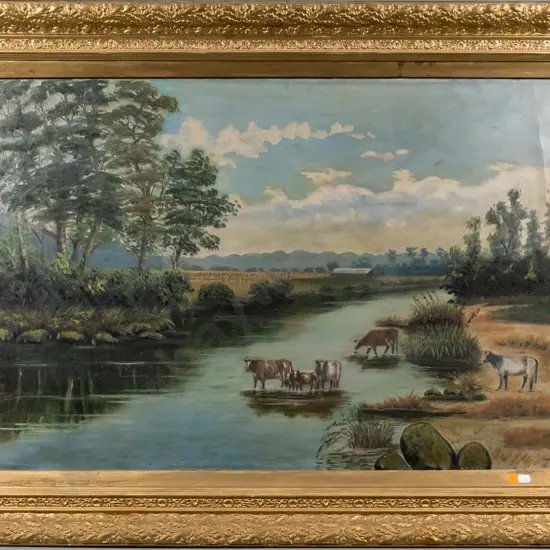 gilt framed oil on canvas - cattle in stream (age damage) H-540 W-800