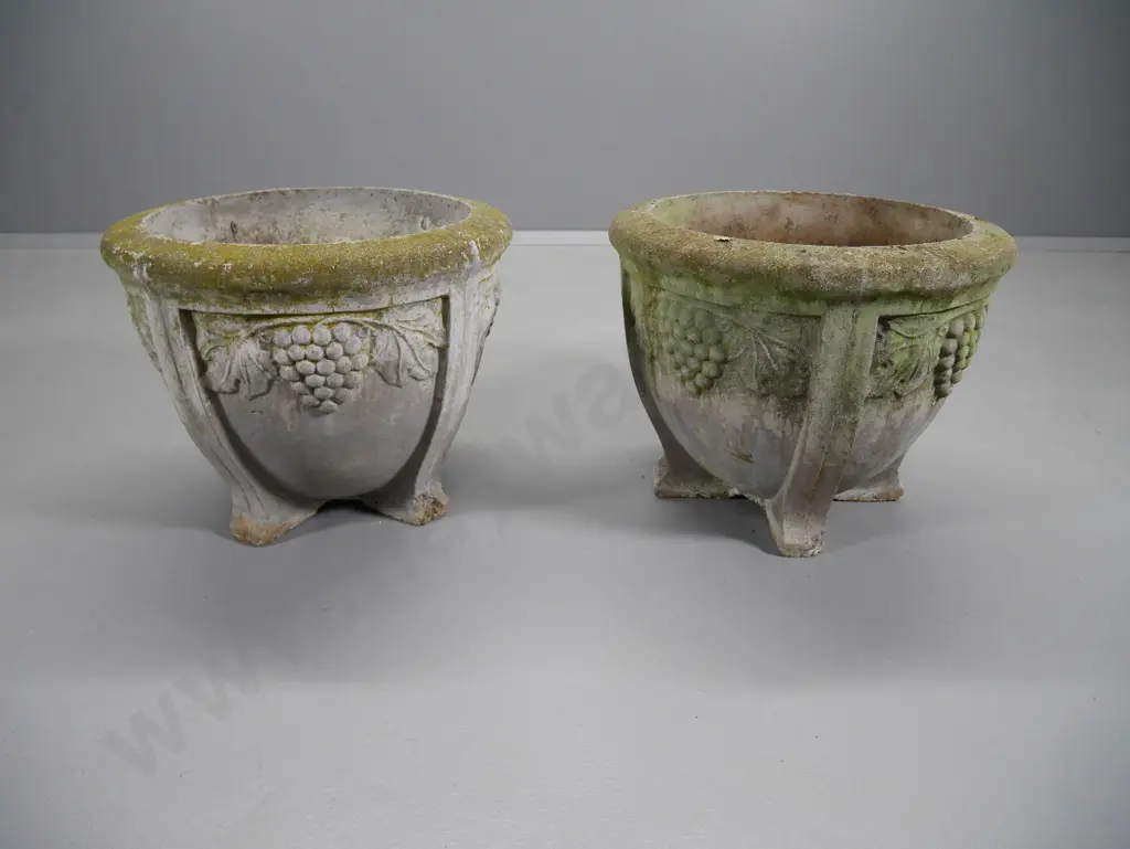 pair of large cast concrete grape pattern garden urns - one has chip to foot H-400 Diameter 500 Image 1++