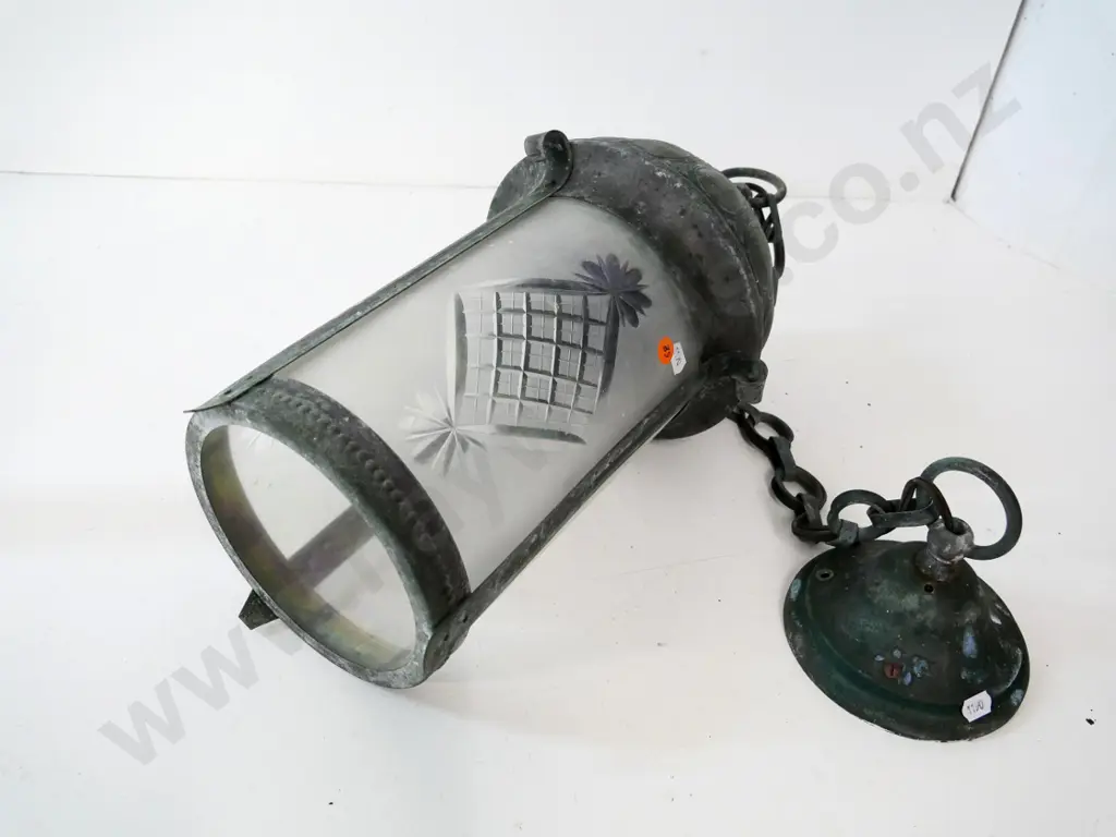 metal outdoor hanging light fitting with antiqued finish and etched glass panels H-480 not including chain Image 1++