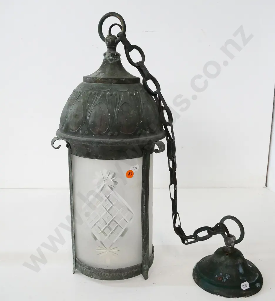 metal outdoor hanging light fitting with antiqued finish and etched glass panels H-480 not including chain Image 1++