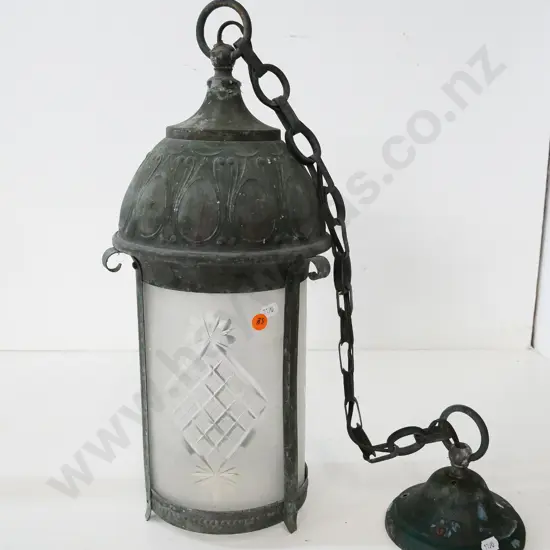 metal outdoor hanging light fitting with antiqued finish and etched glass panels H-480 not including chain