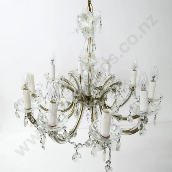 large 10-light brass-finish metal and clear glass chandelier light fitting, some lustres need attaching H-520 D-580