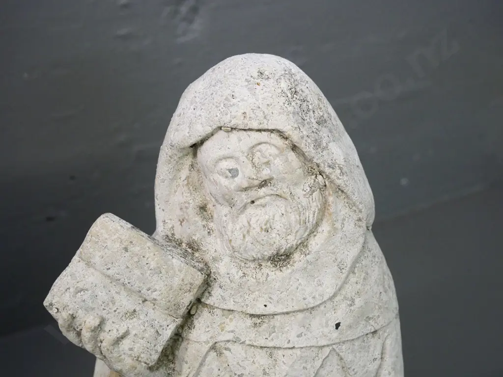 small cast concrete/stone composite garden figure - medieval friar with book - some chips to base H-420 Image 1++