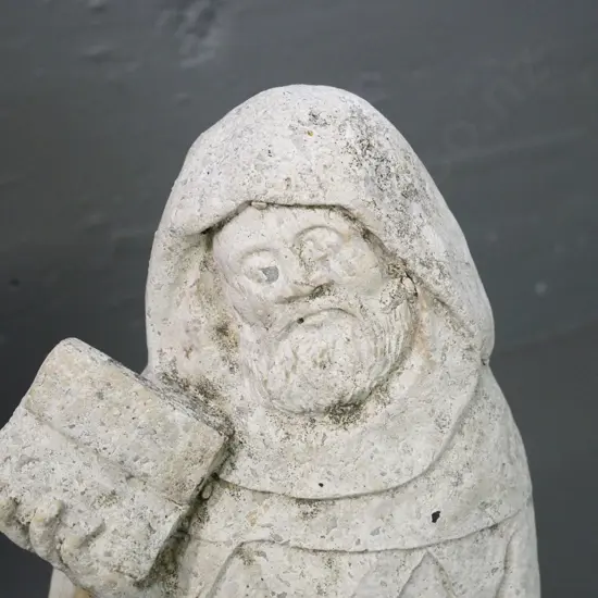 small cast concrete/stone composite garden figure - medieval friar with book - some chips to base H-420