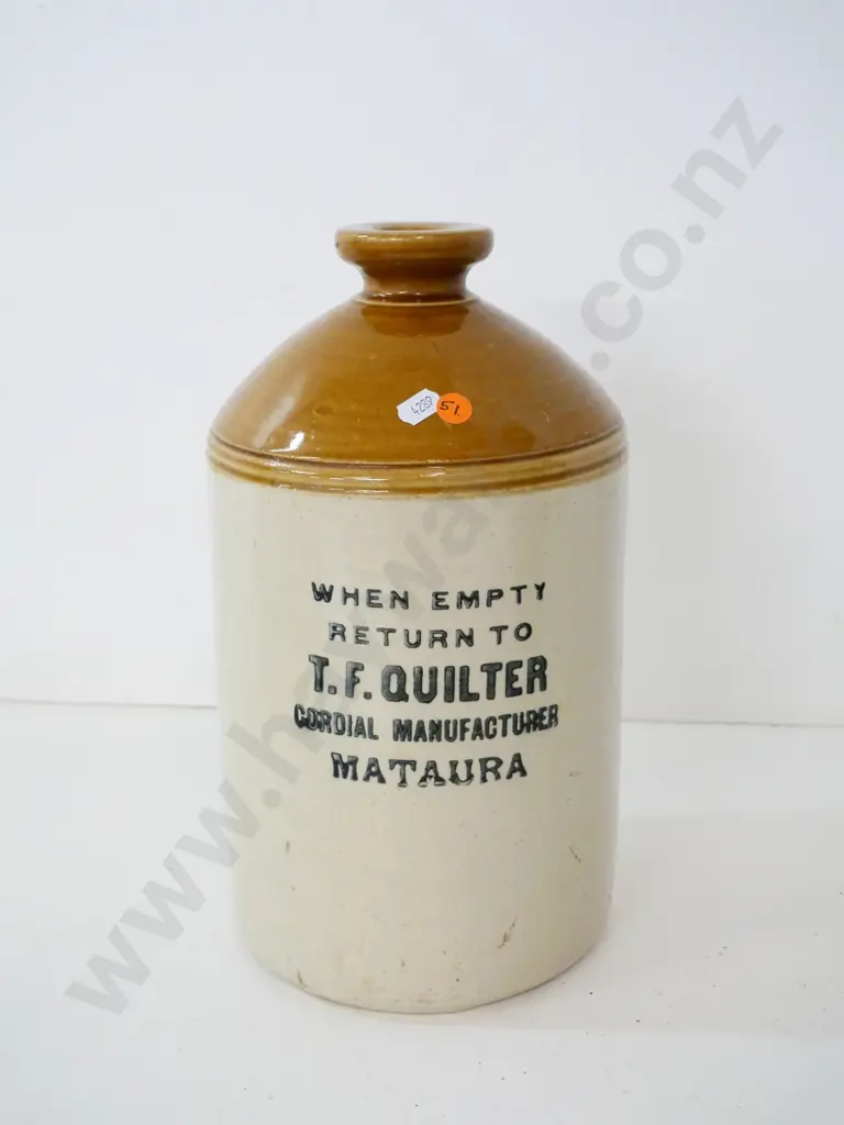 narrow-mouth stoneware crock - marked T.F. Quilter Mataura - Cordial Manufacturer H-330 D-170 Image 1++