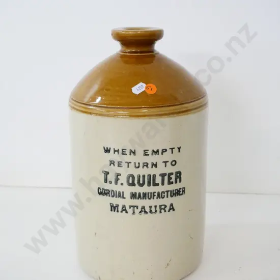 narrow-mouth stoneware crock - marked T.F. Quilter Mataura - Cordial Manufacturer H-330 D-170