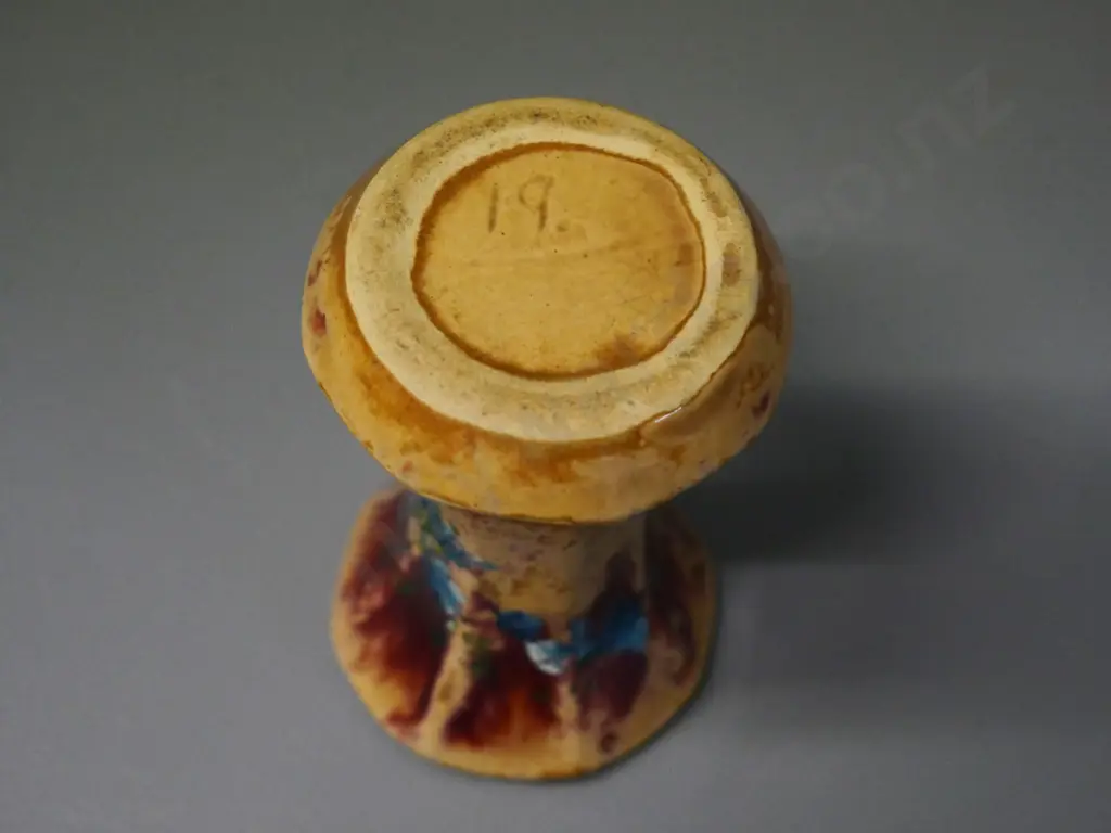 early Crown Lynn trickle glaze small urn vase No. 19, circa 1940s, damage to painted floral decoration H-90 Image 1++