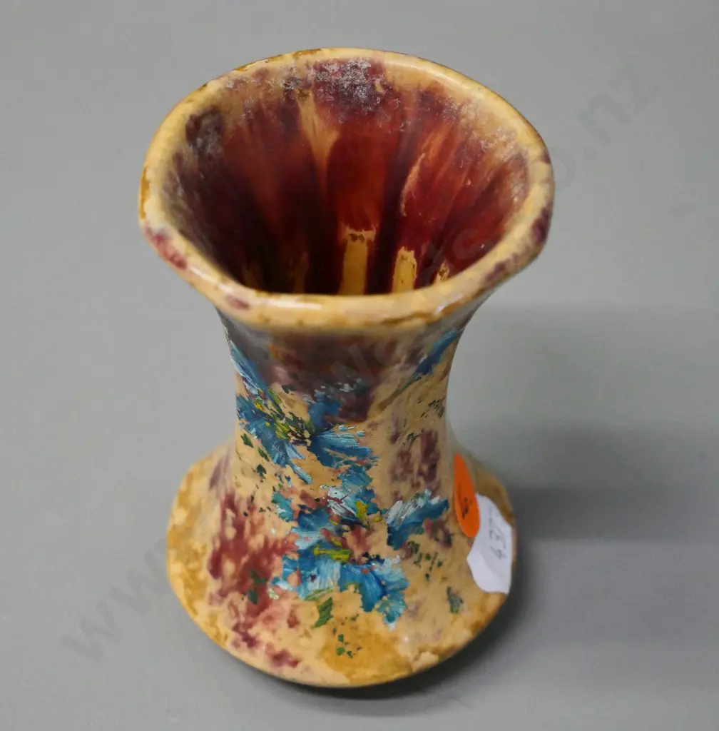 early Crown Lynn trickle glaze small urn vase No. 19, circa 1940s, damage to painted floral decoration H-90 Image 1++